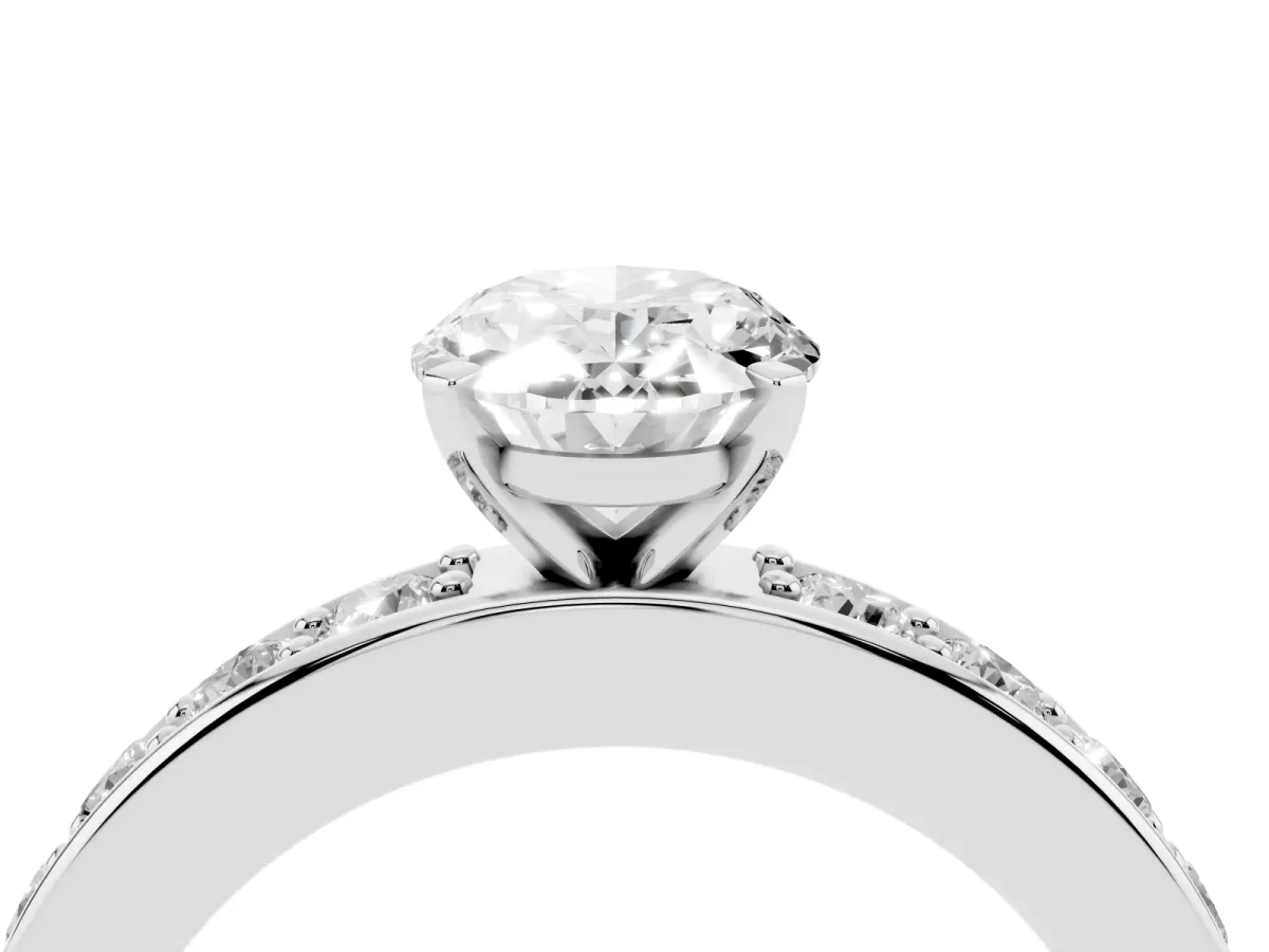 Oval Cut Diamond Engagement Ring with Channel Set Round Band and Prong Setting Platinum