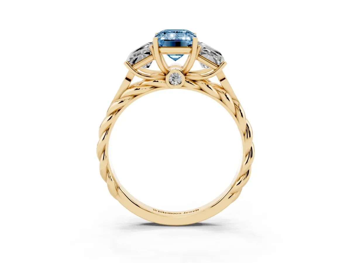 Fancy Blue Three-Stone Radiant Cut Diamond Braided Band Ring with Four-Prong Setting Yellow gold