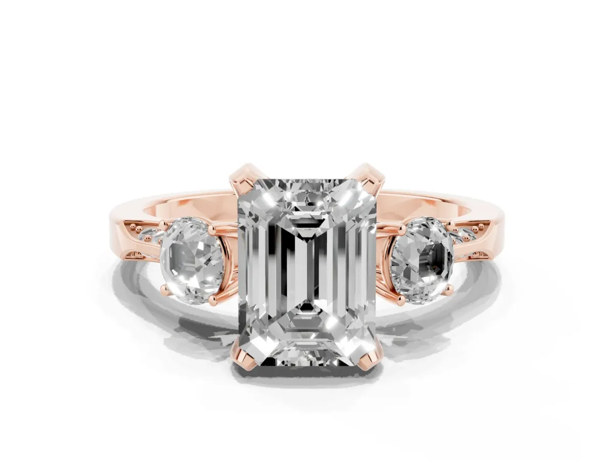 Fancy Black Emerald Cut Brilliant Three-Stone Diamond Ring with Pavé Band and Four-Prong Setting Rose gold