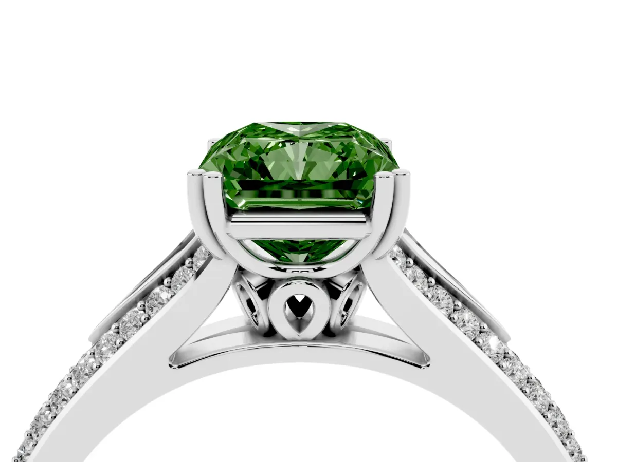 Fancy Green Radiant Cut Diamond Split Shank Engagement Ring with Pavé Band Silver