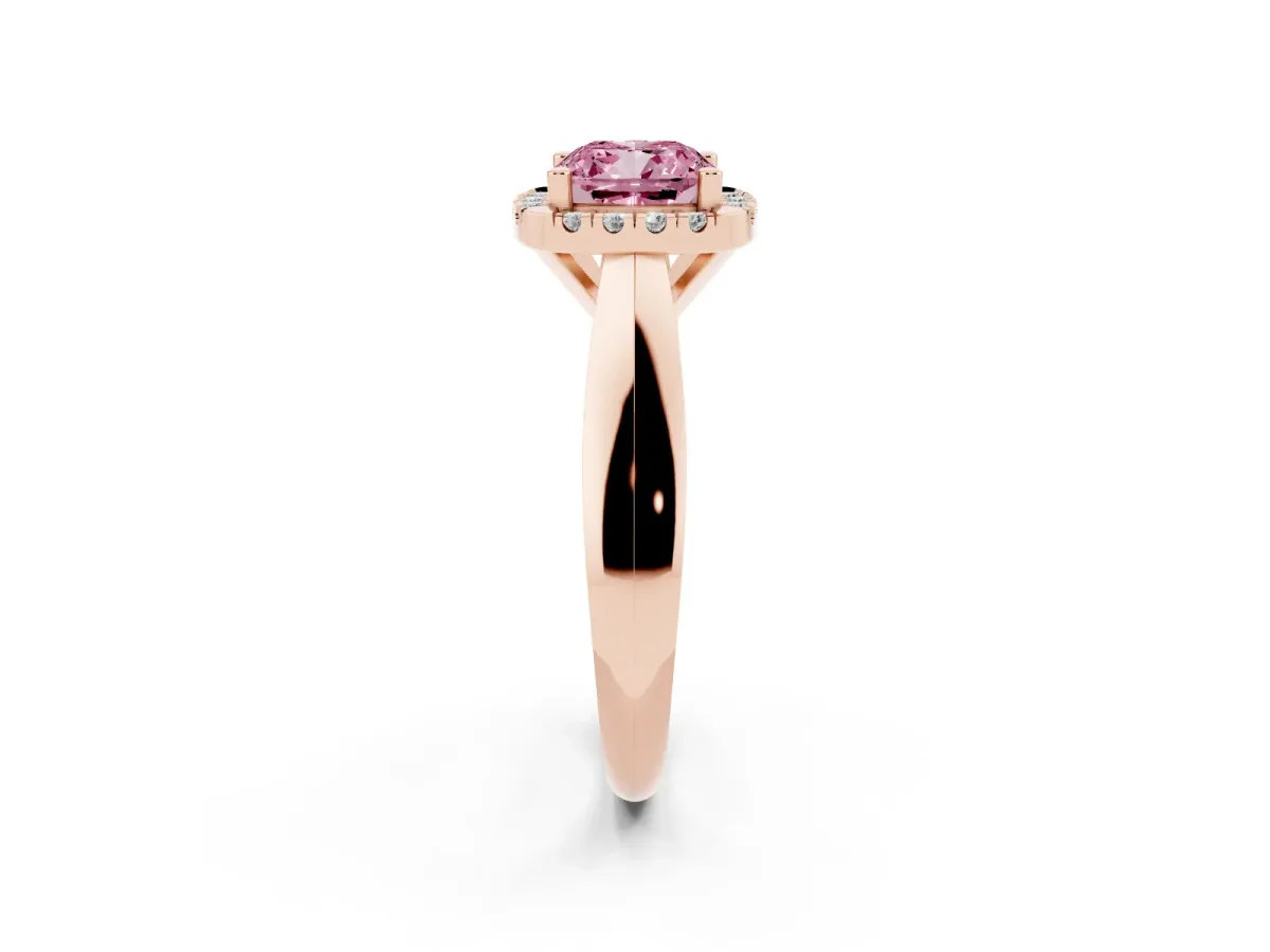 Fancy Pink Cushion Cut Cut Halo Solitaire Engagement Ring with Square Band and Four-Prong Setting Rose gold