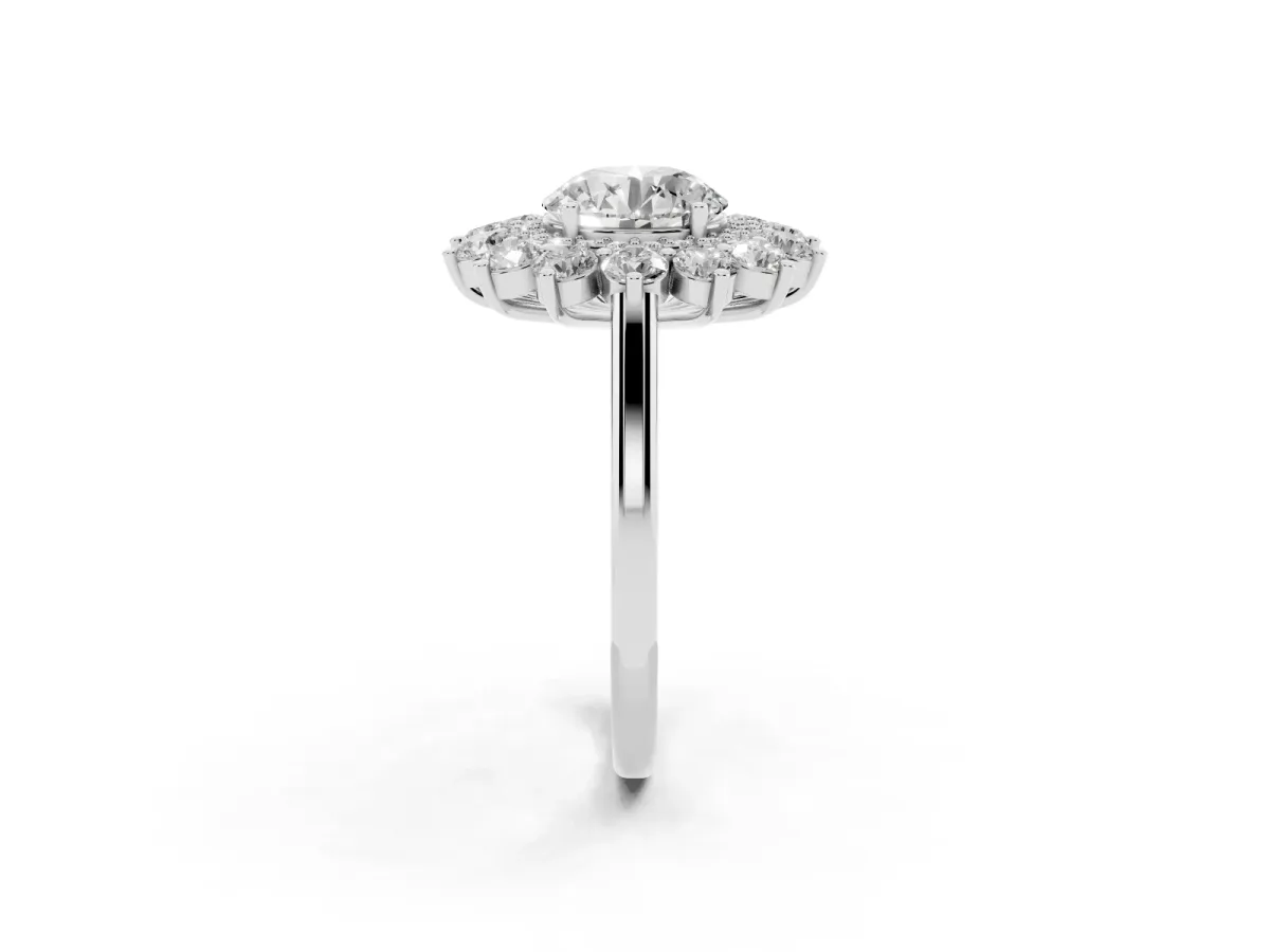 Round Cut Diamond Floral Double Halo Engagement Ring with Prong Setting Silver