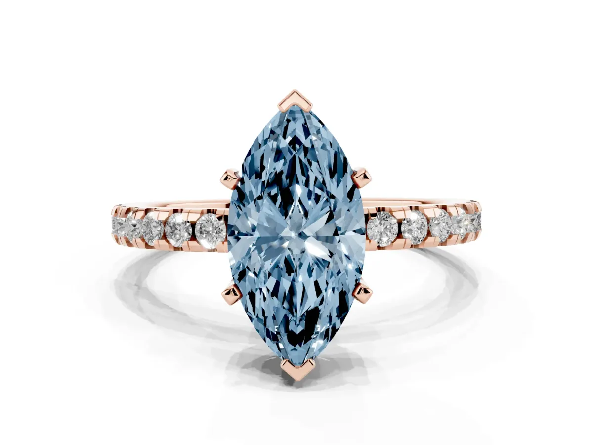 Fancy Blue Marquise Cut Diamond Solitaire Ring with Round Pavé Band and Four-Prong Setting Rose gold