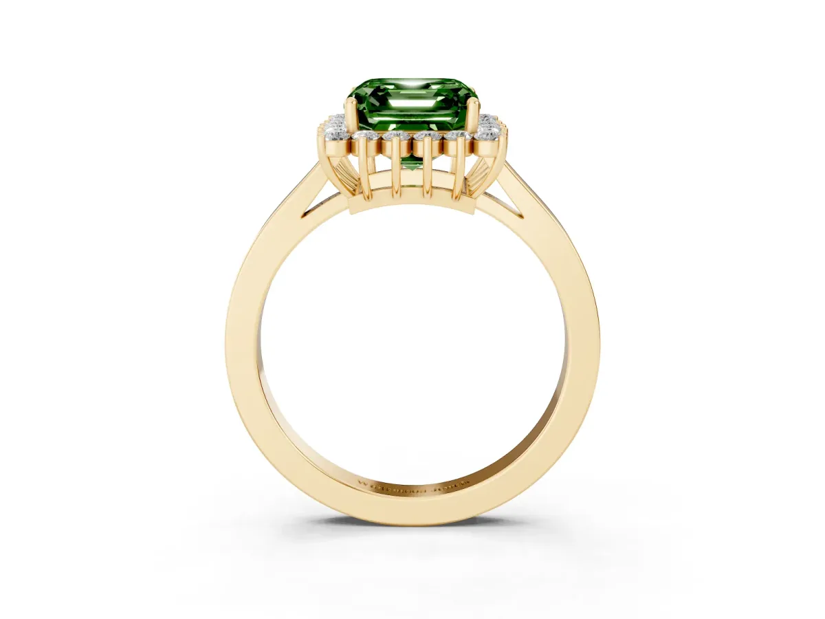 Fancy Green Asscher Cut Cut Diamond Halo Ring with Round Brilliant Halo and Solitaire Band Yellow gold
