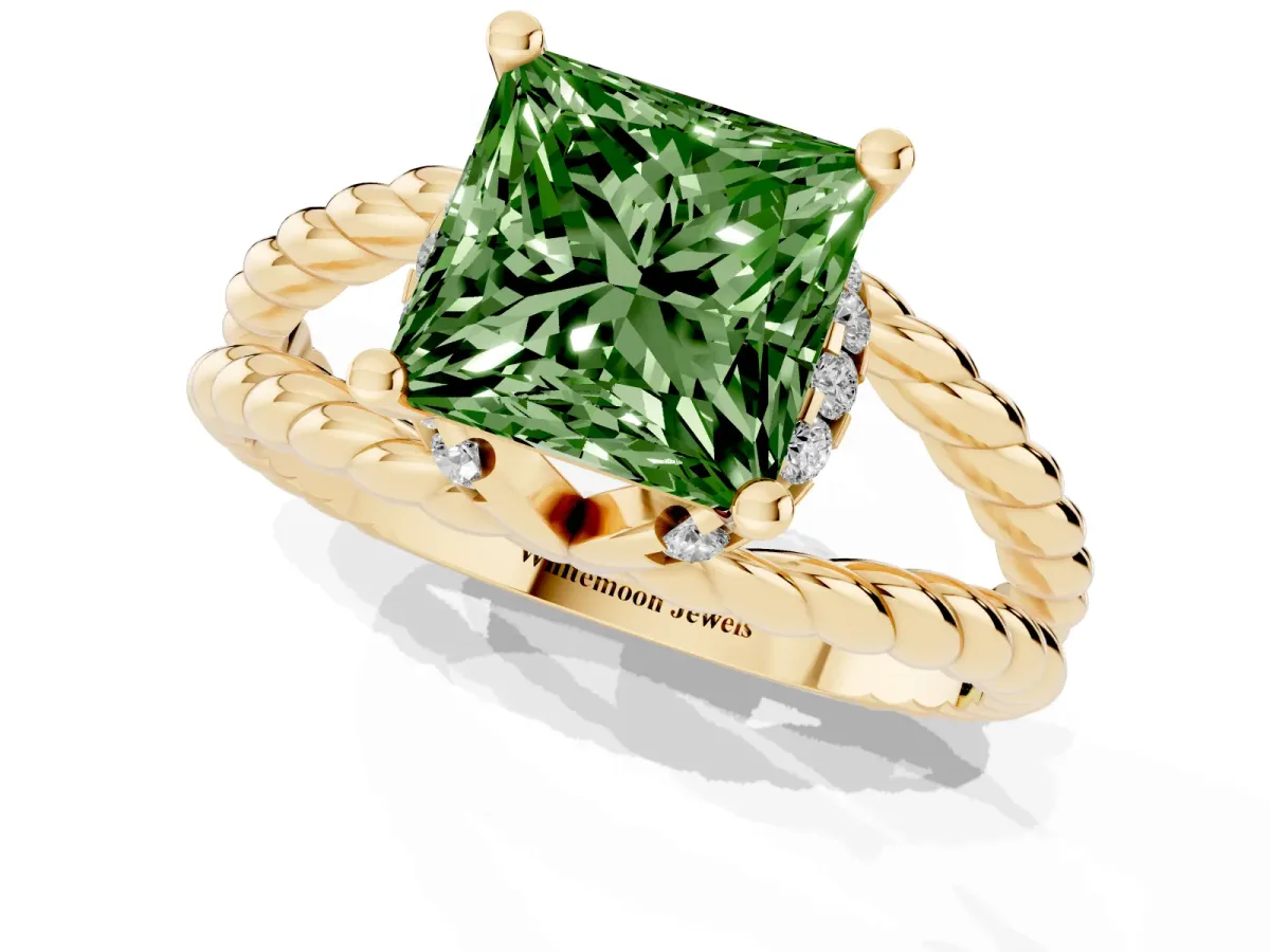 Fancy Green Princess Cut Halo Twisted Band Four-Prong Ring Yellow gold