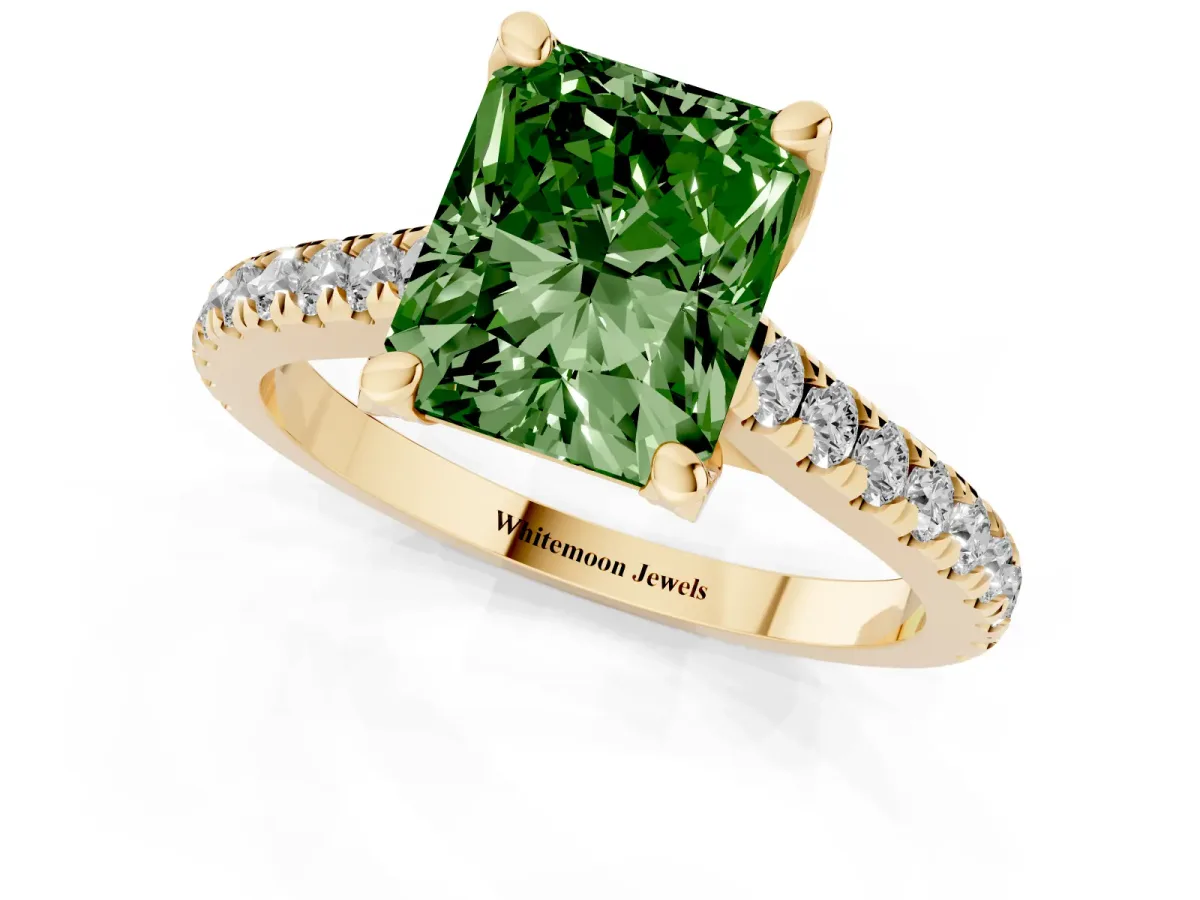 Fancy Green Radiant Cut Brilliant Diamond Solitaire with Pavé Band and Four-Prong Setting Yellow gold
