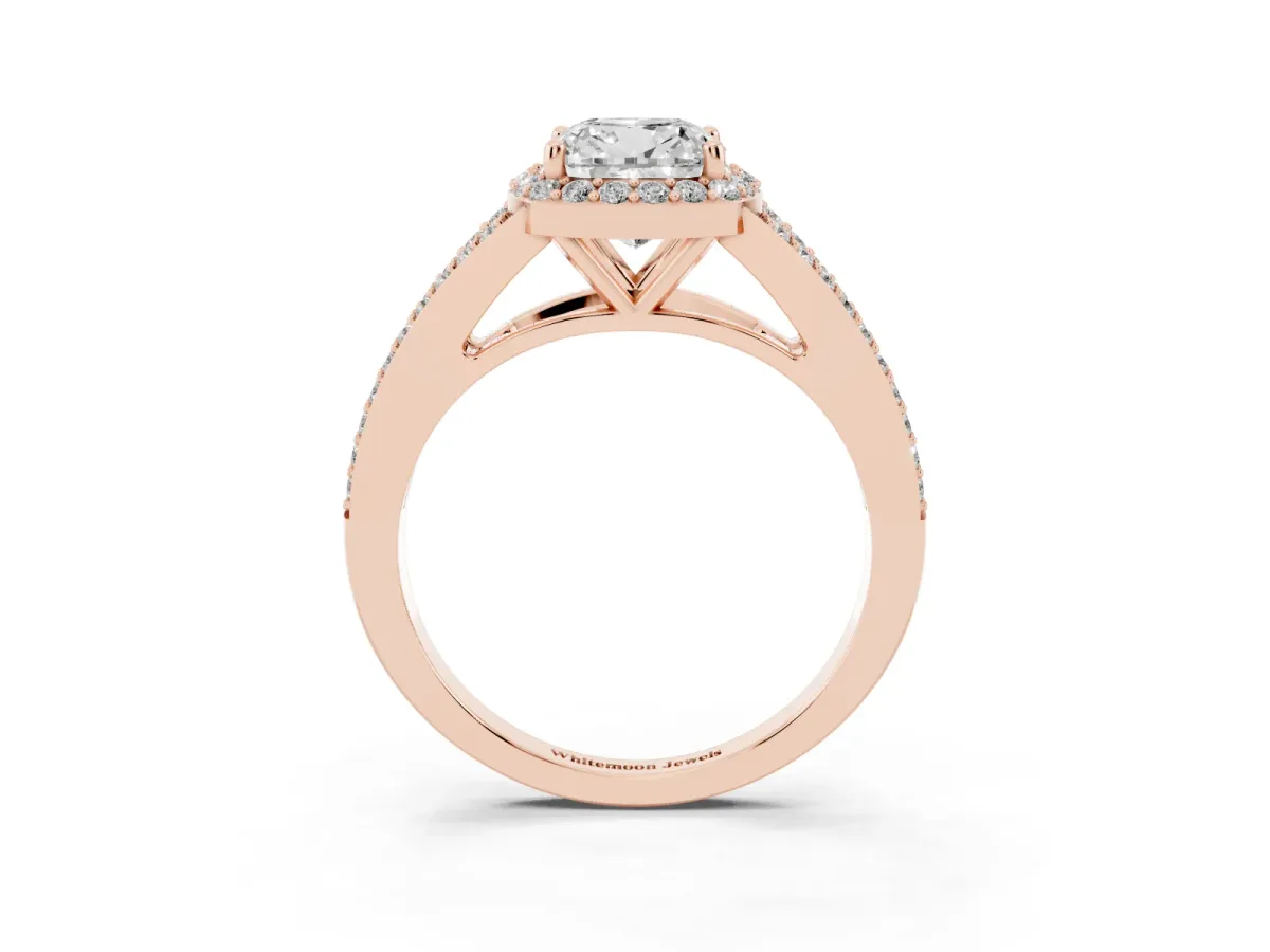 Cushion Cut Halo Split Shank Pave Diamond Ring with Four-Prong Setting Rose gold