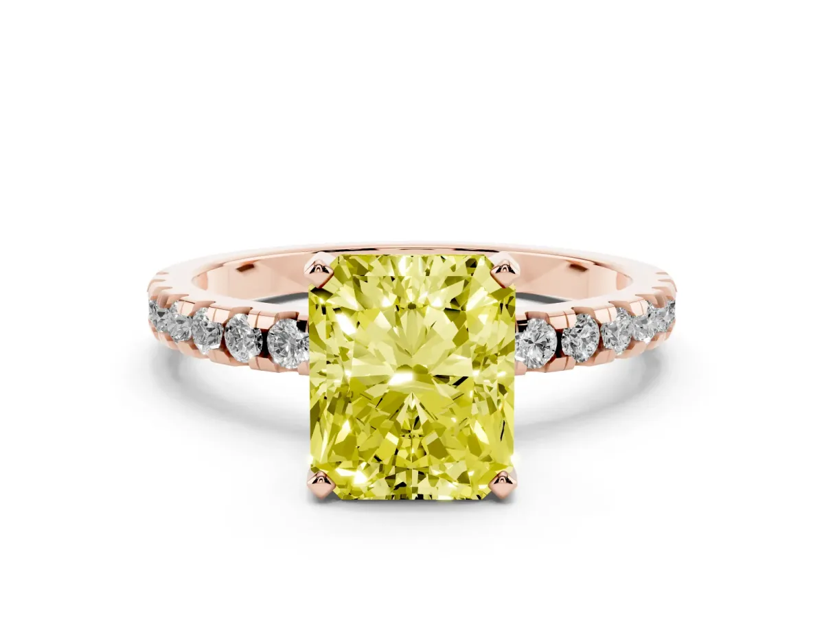Fancy Yellow Radiant Cut Diamond Solitaire Ring with Round Pavé Band and Four-Prong Setting Rose gold