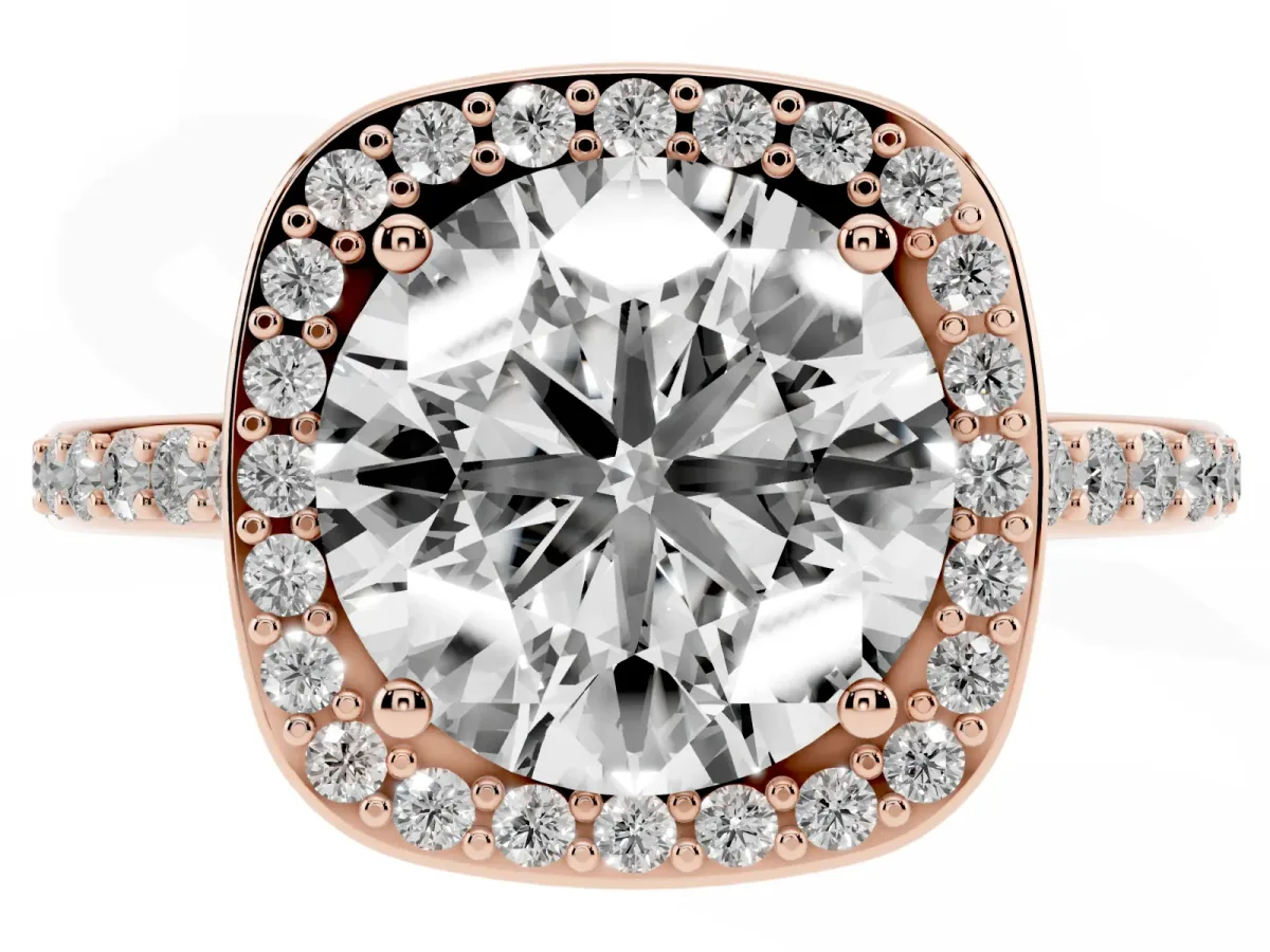 Round Cut Diamond Halo Engagement Ring with Round Pavé Shoulders and Prong Setting Rose gold