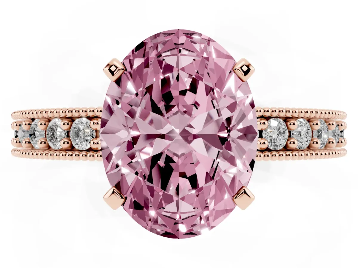 Fancy Pink Oval Cut Diamond Milgrain Pavé Engagement Ring with Four-Prong Setting Rose gold