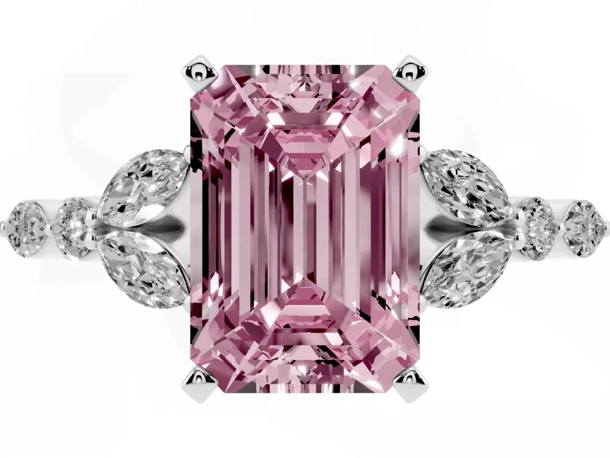 Fancy Pink Emerald Cut Diamond Solitaire Ring with Side Stones and Four-Prong Setting Silver