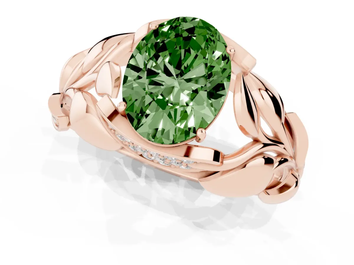 Fancy Green Oval Cut Diamond Leaf-Inspired Engagement Ring with Round Accents and Prong Setting Rose gold