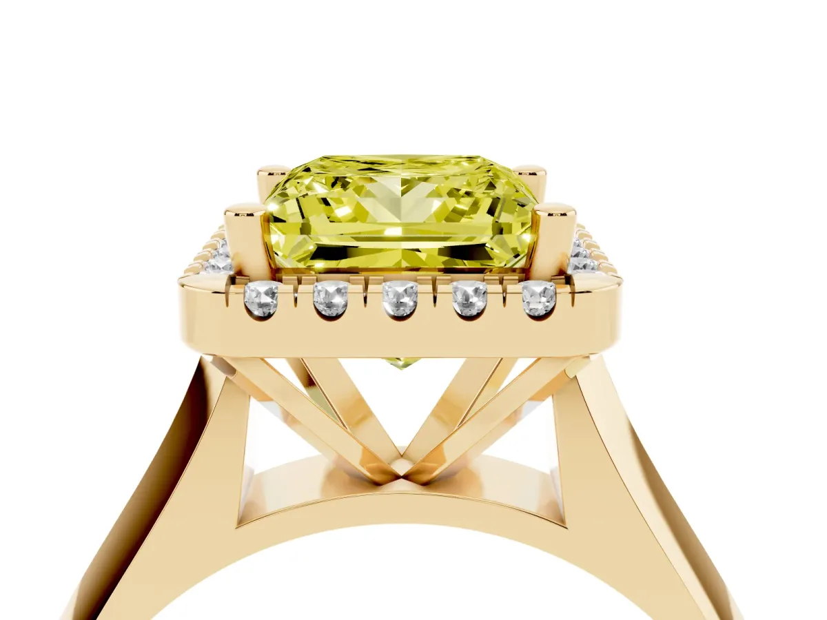 Fancy Yellow Princess Cut Cut Halo Solitaire Engagement Ring with Square Band and Four-Prong Setting Yellow gold