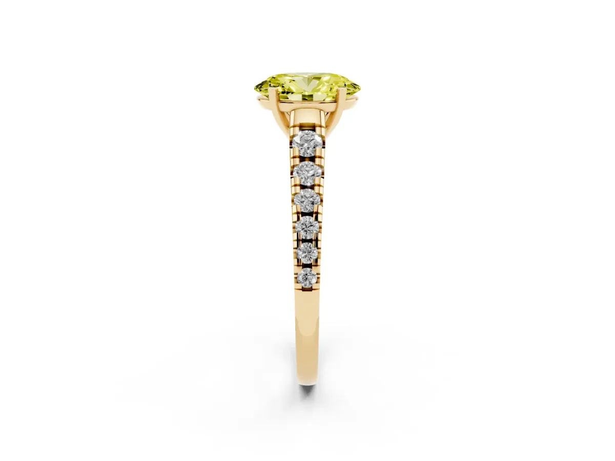 Fancy Yellow Oval Cut Diamond Cathedral Solitaire Ring with Round Pavé Band Yellow gold