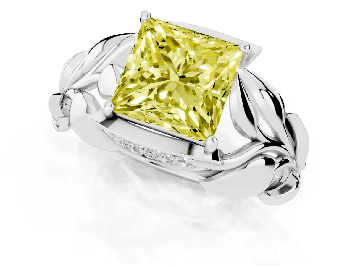 Fancy Yellow Princess Cut Diamond Leaf-Inspired Engagement Ring with Round Accents and Prong Setting White gold
