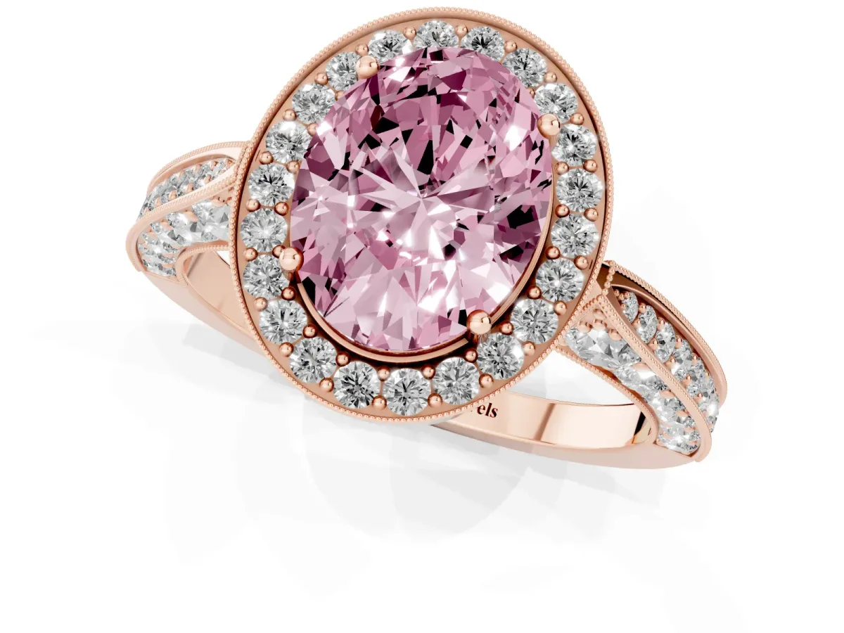 Fancy Pink Oval Cut Halo Diamond Engagement Ring with Split Shank Band and Four-Prong Setting Rose gold