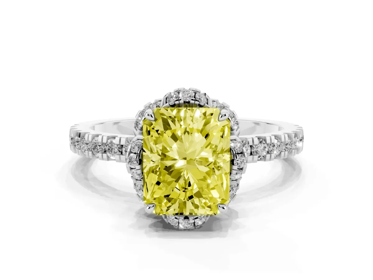 Fancy Yellow Radiant Cut Diamond Halo Pave Band with Four-Prong Setting White gold