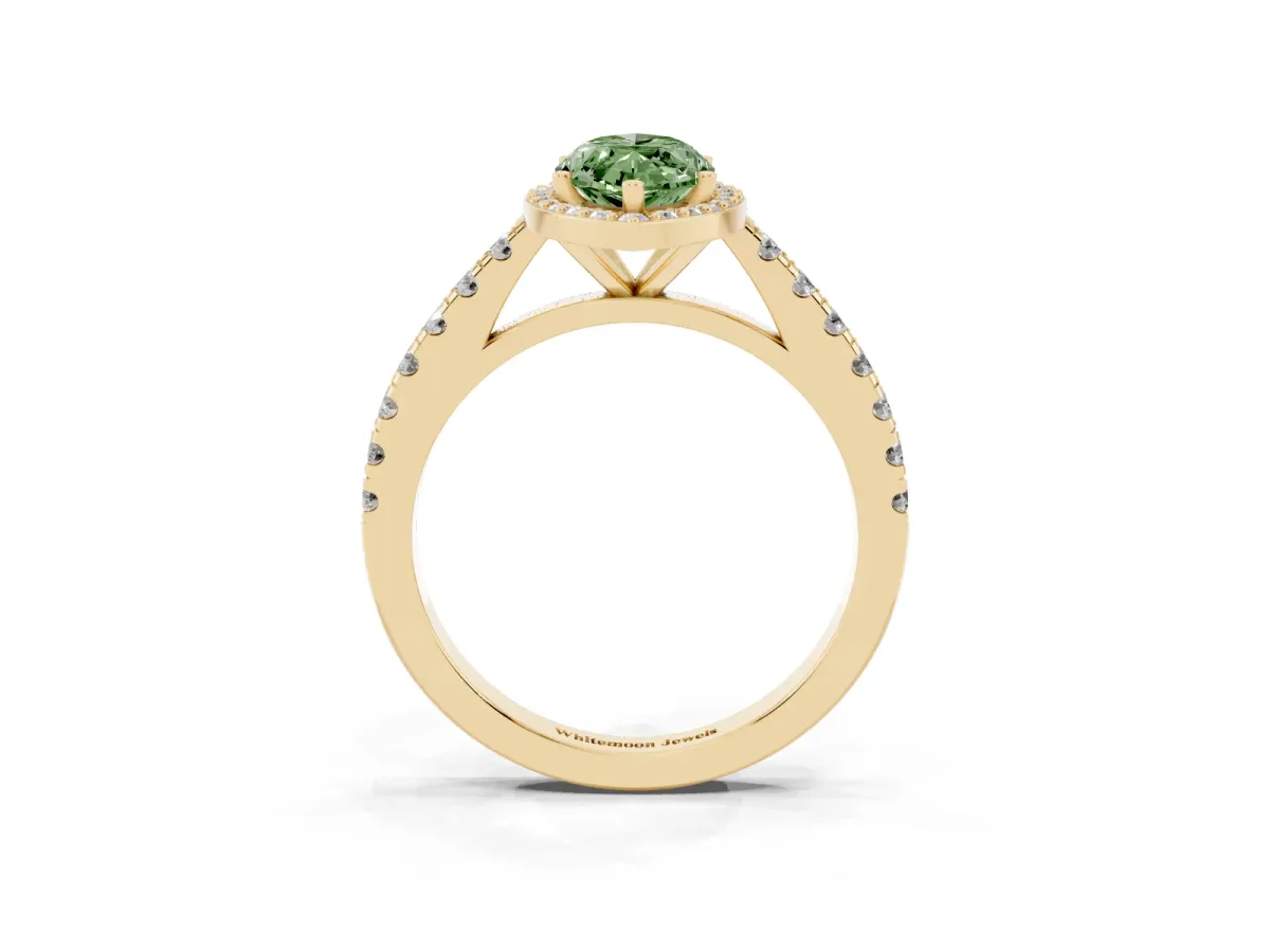 Fancy Green Marquise Cut Cut Halo Diamond Engagement Ring with Pave Band and Four-Prong Setting Yellow gold