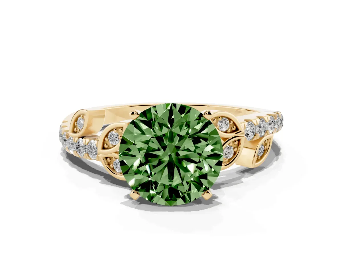 Fancy Green Round Cut Solitaire Leaf-Inspired Diamond Ring with Pavé Band and Four-Prong Setting Yellow gold