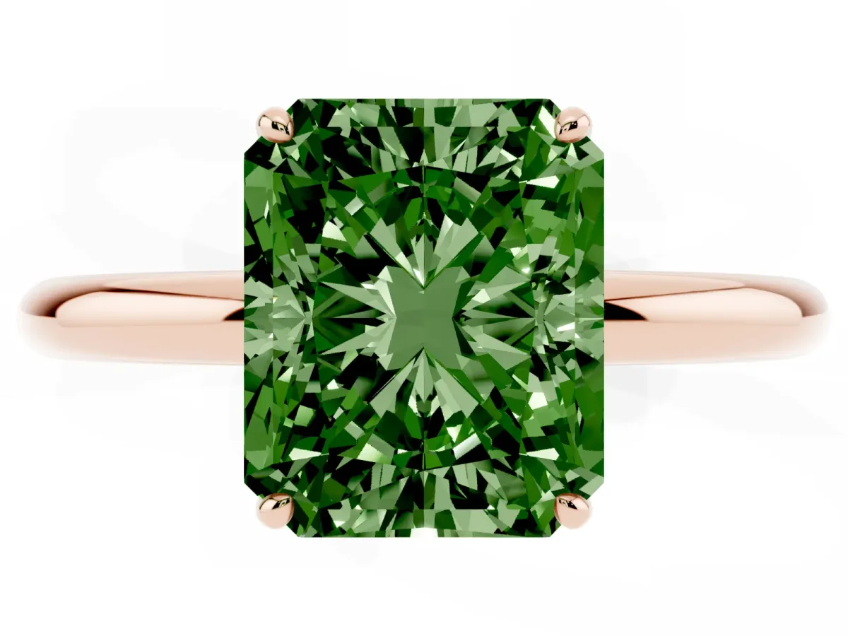 Fancy Green Radiant Cut Solitaire Diamond Ring with Four-Prong Setting on a Plain Band Rose gold
