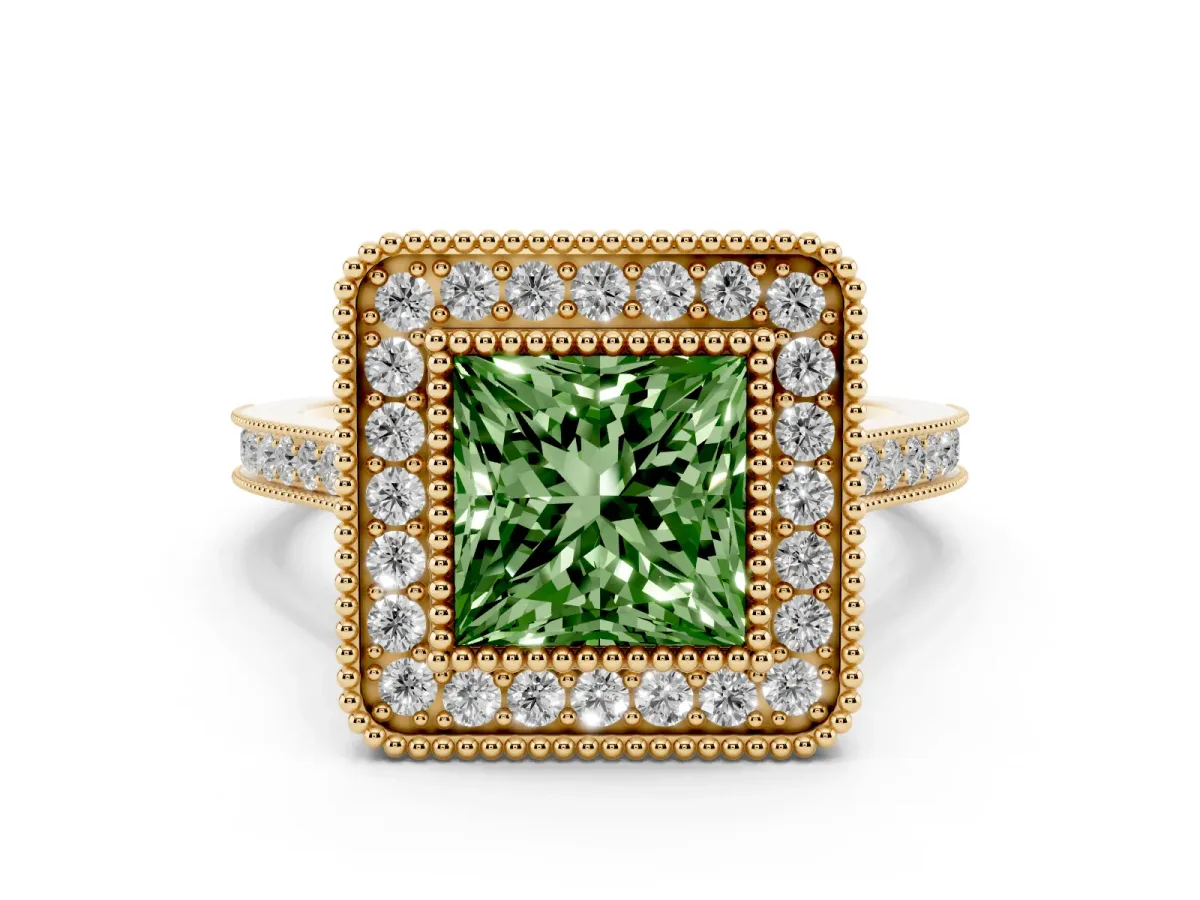 Fancy Green Princess Cut Diamond Halo Ring with Milgrain Frame and Pavé Band Yellow gold
