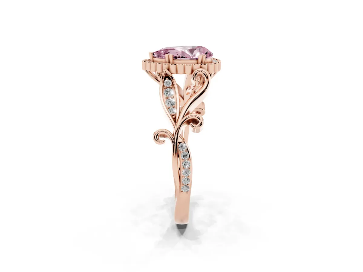 Fancy Pink Pear Cut Diamond Halo Ring with Vintage Split Shank and Four-Prong Setting Rose gold