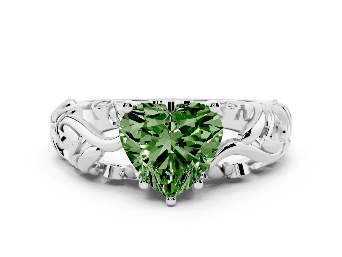 Fancy Green Heart Cut Solitaire Diamond Leaf-Inspired Vine Band Ring with Prong Setting Silver