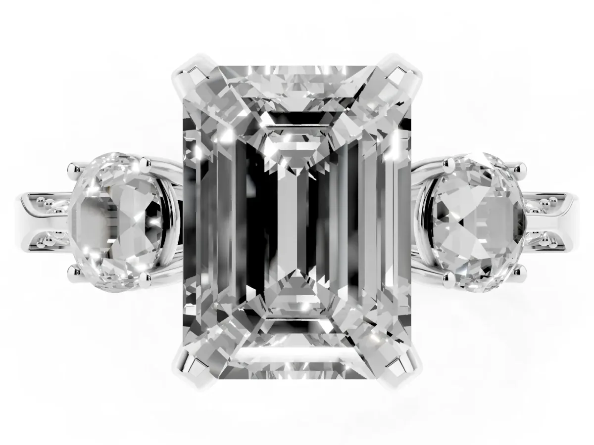 Fancy Blue Emerald Cut Brilliant Three-Stone Diamond Ring with Pavé Band and Four-Prong Setting Silver