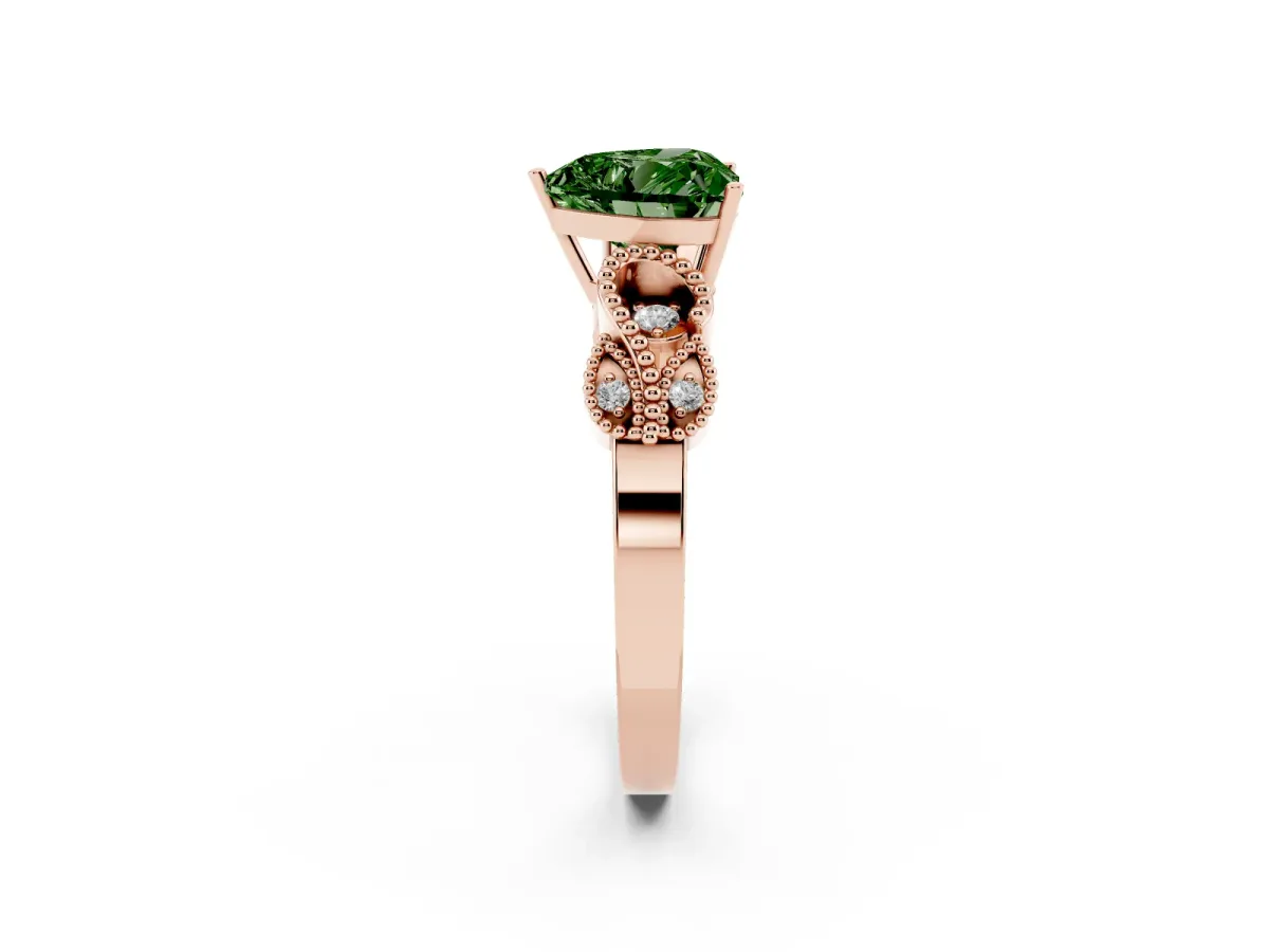 Fancy Green Heart Cut Solitaire Milgrain Leaf Band with Prong Setting Rose gold