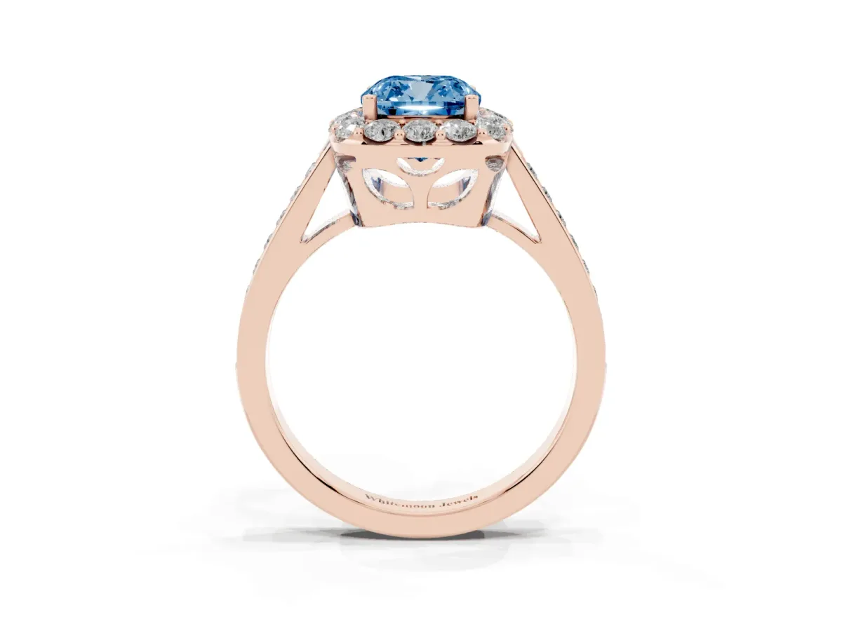 Fancy Blue Cushion Cut Diamond Floral Halo Ring with Pavé Band and Prong Setting Rose gold