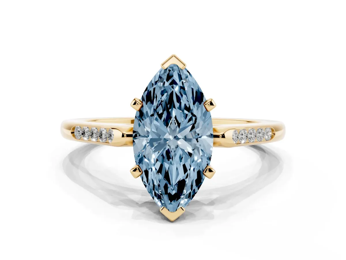 Fancy Blue Marquise Cut Diamond Solitaire Ring with Channel Set Round Band and Prong Setting Yellow gold