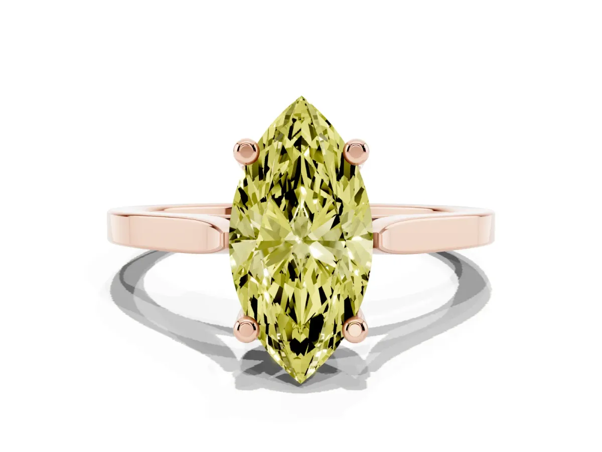 Fancy Yellow Marquise Cut Solitaire Diamond Ring with Four-Prong Setting and Tapered Band Rose gold