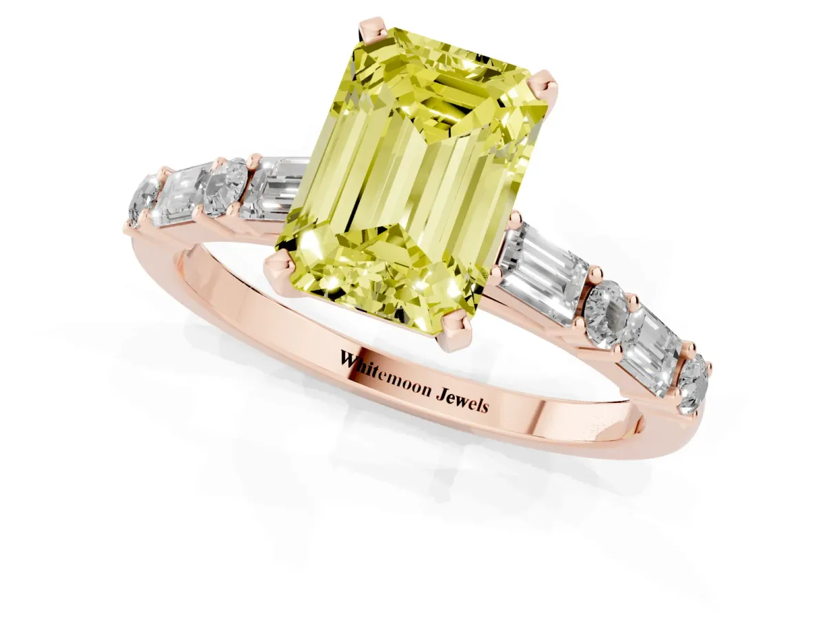 Fancy Yellow Emerald Cut Diamond Solitaire with Side Baguettes and Channel Set Band Rose gold