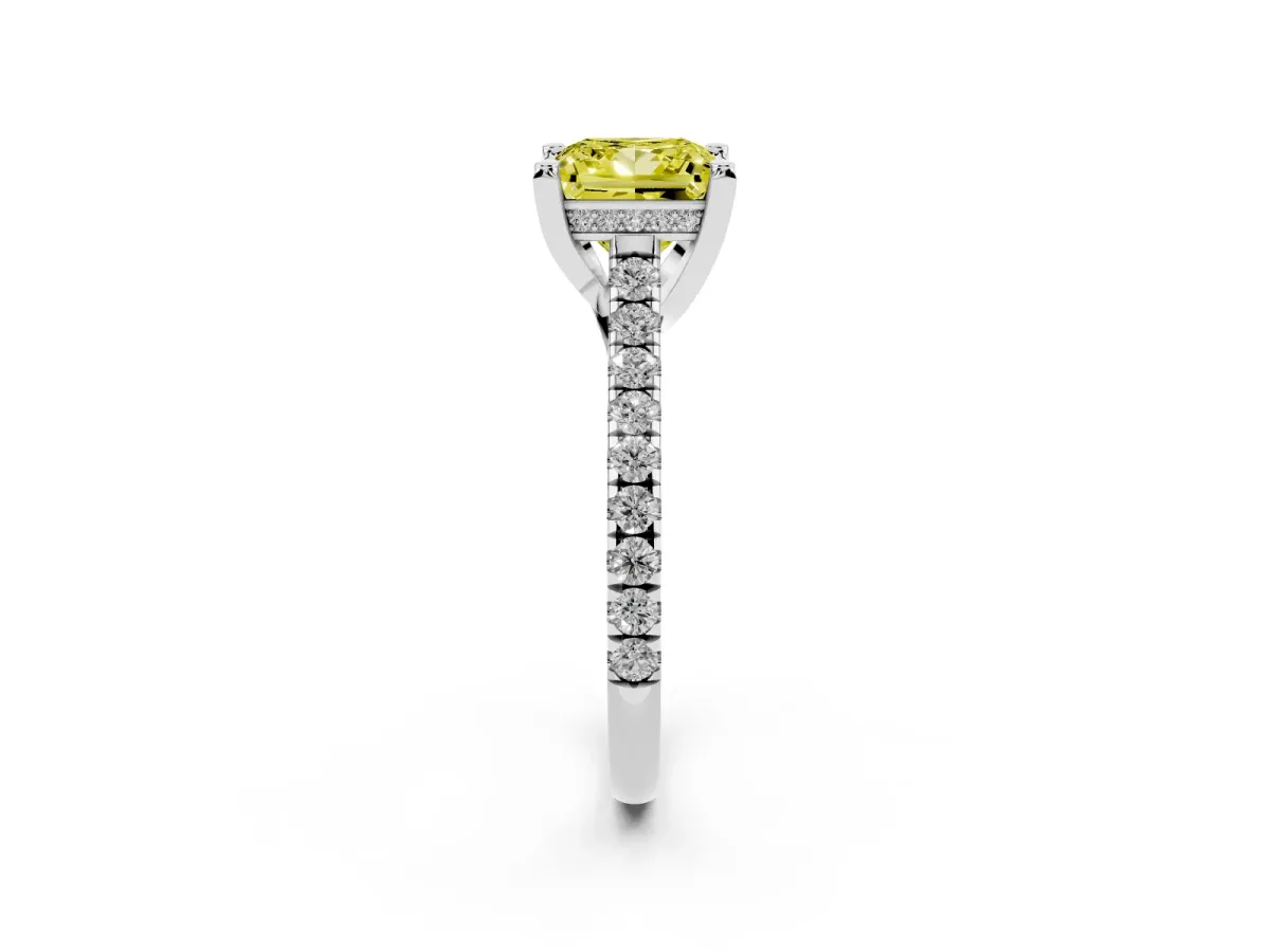 Fancy Yellow Princess Cut Brilliant Diamond Solitaire with Pavé Band and Four-Prong Setting Platinum
