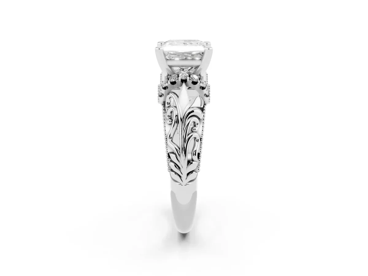 Princess Cut Solitaire Filigree Engagement Ring with Halo and Prong Setting Silver