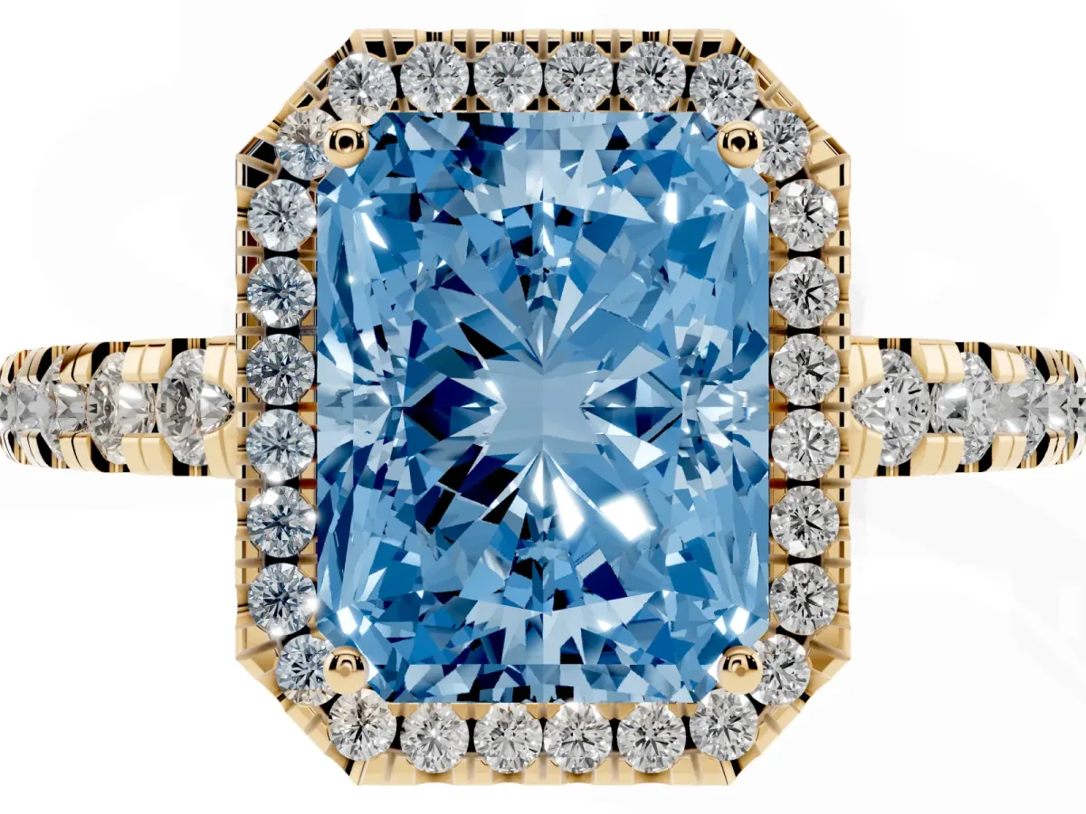 Fancy Blue Radiant Cut Diamond Halo Ring with Pavé Band and Four-Prong Setting Yellow gold