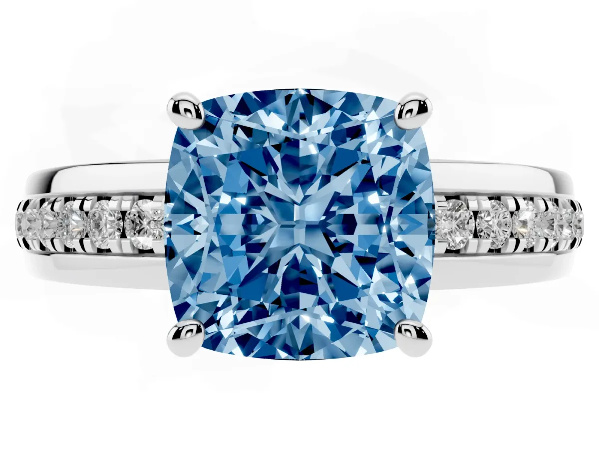 Fancy Blue Cushion Cut Solitaire Diamond Ring with Channel Set Band and Six-Prong Setting Platinum