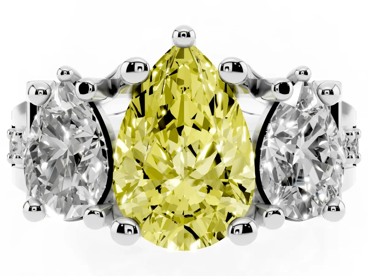 Fancy Yellow Pear Cut Diamond Three-Stone Ring with Channel Set Band and Four-Prong Setting Silver