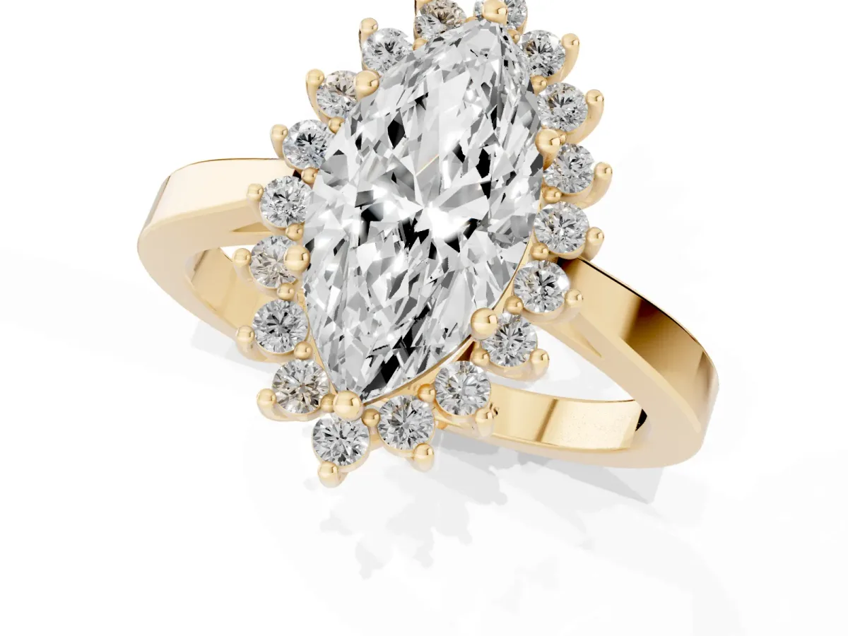 Marquise Cut Cut Diamond Halo Ring with Round Brilliant Halo and Solitaire Band Yellow gold