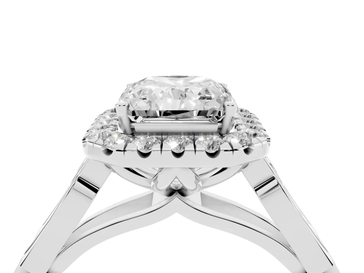 Radiant Cut Halo Diamond Engagement Ring with Filigree Band and Four-Prong Setting Silver