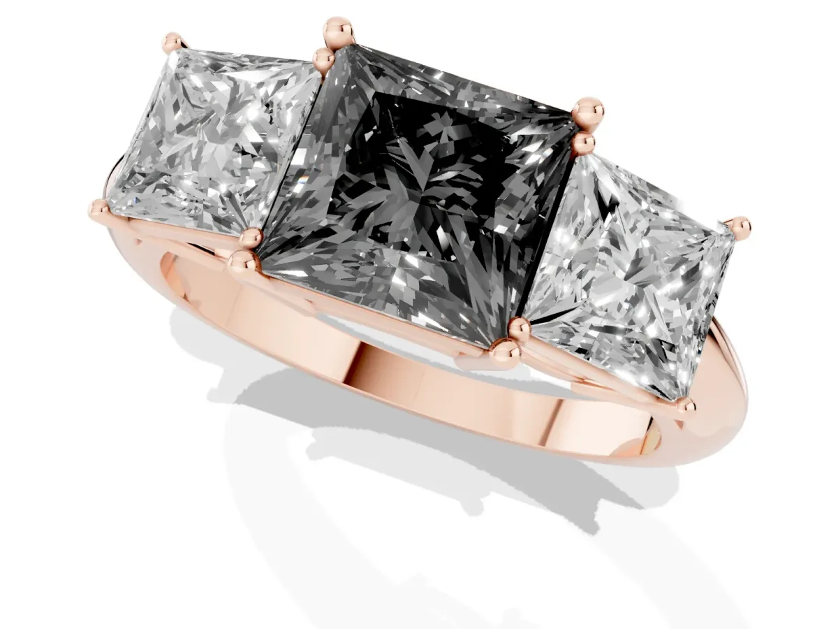 Fancy Black Three-Stone Princess Cut Cut Diamond Engagement Ring with Prong Setting on a White Gold Band Rose gold