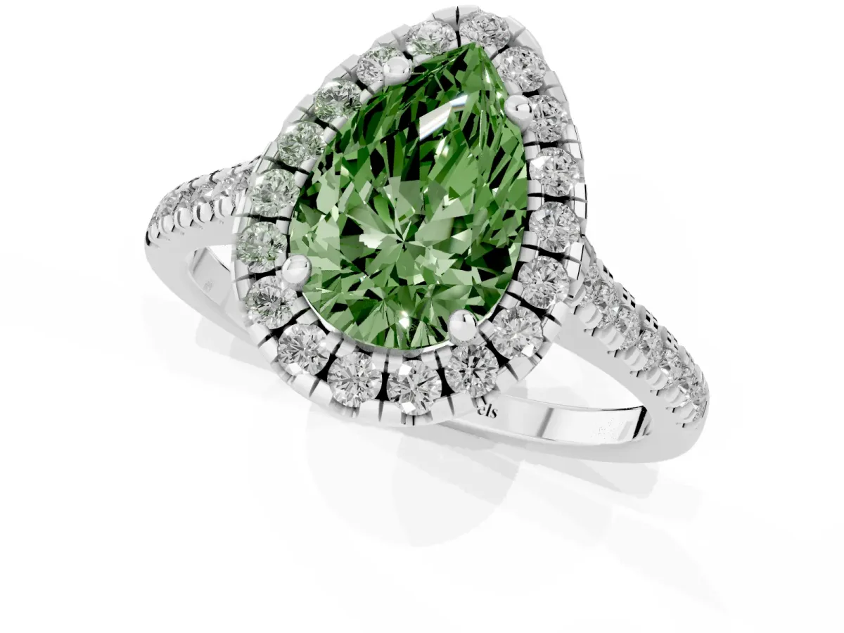 Fancy Green Pear Cut Diamond Cushion Halo Ring with Pavé Band White gold