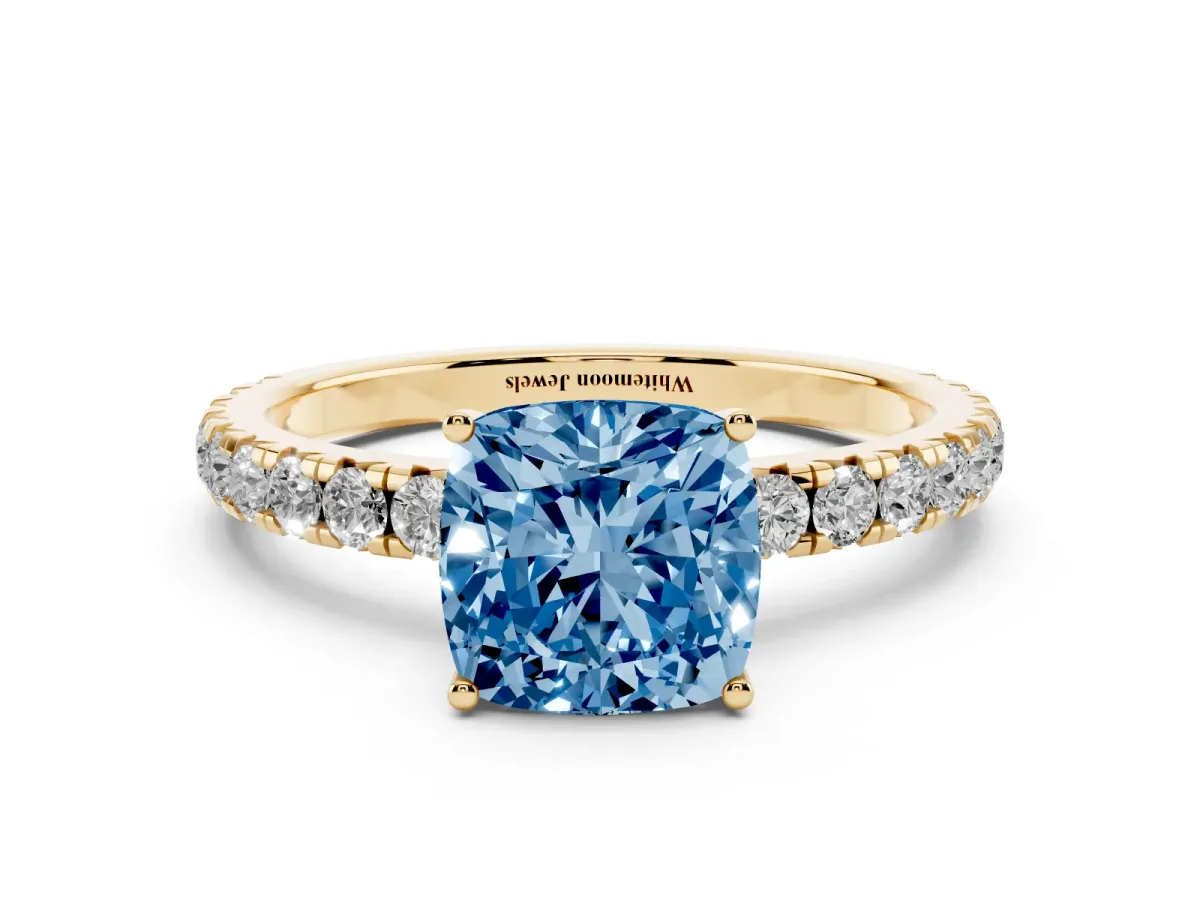 Fancy Blue Cushion Cut Diamond Pavé Solitaire Engagement Ring with Four-Prong Setting Yellow gold