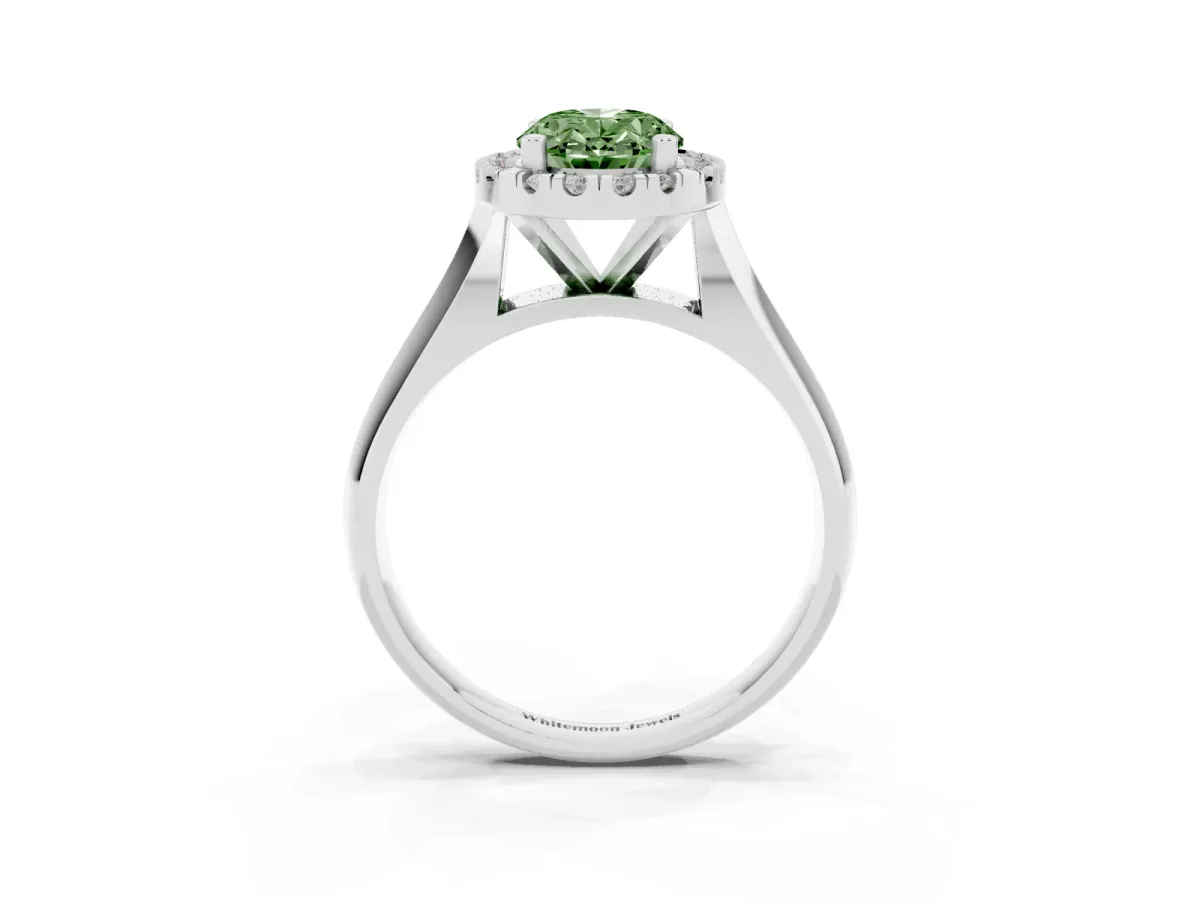 Fancy Green Oval Cut Cut Halo Solitaire Engagement Ring with Square Band and Four-Prong Setting Platinum