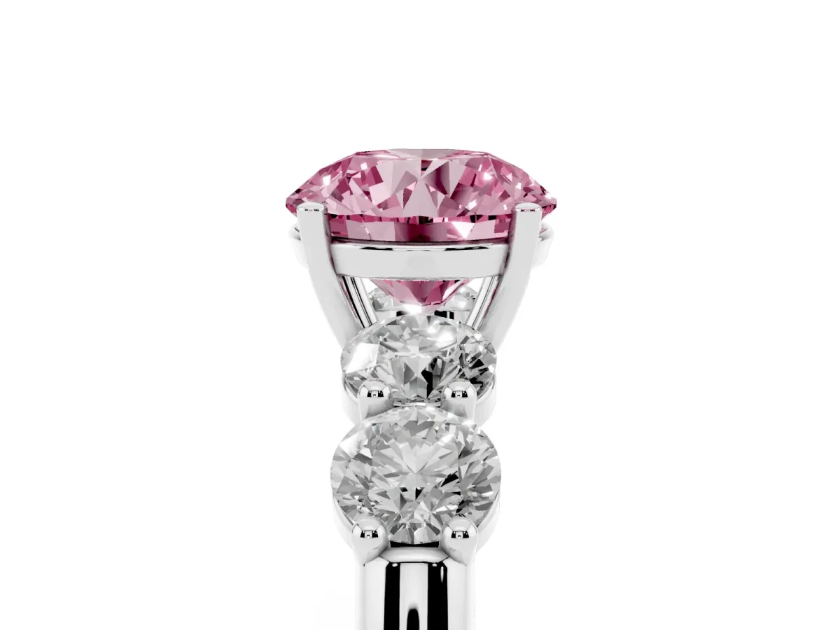 Fancy Pink Round Cut Cut Five-Stone Prong Set Diamond Ring with Classic Band Silver