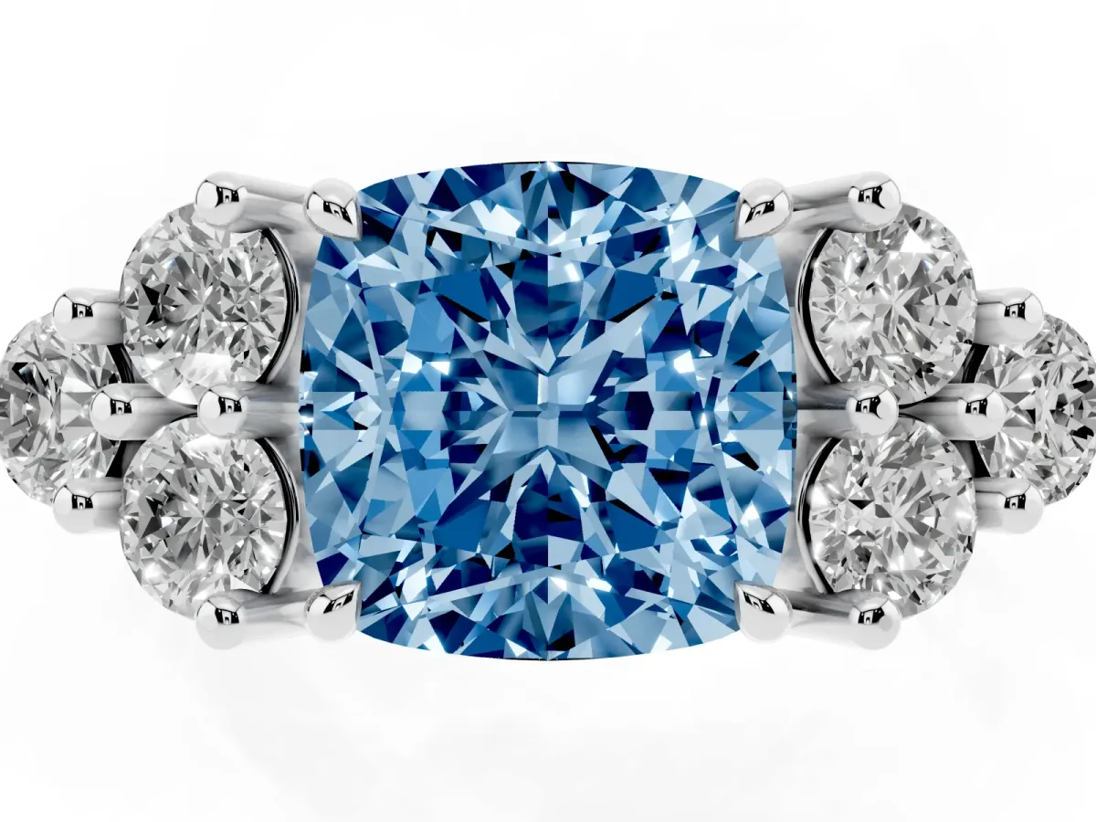 Fancy Blue Cushion Cut Brilliant Diamond Cluster Accent Solitaire Ring with Prong Setting Platinum