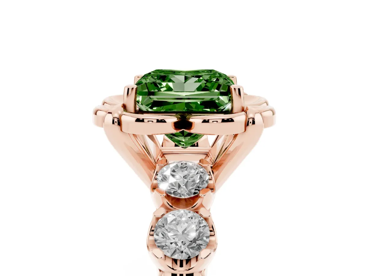 Fancy Green Princess Cut Cut Diamond Floral Halo Engagement Ring with Shared Prong Setting Rose gold