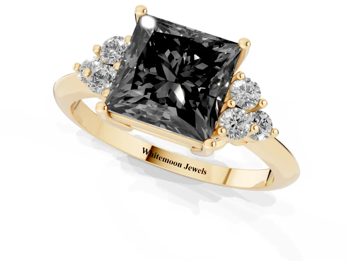 Fancy Black Princess Cut Cut Diamond Cluster Ring with Solitaire Band and Four-Prong Setting Yellow gold