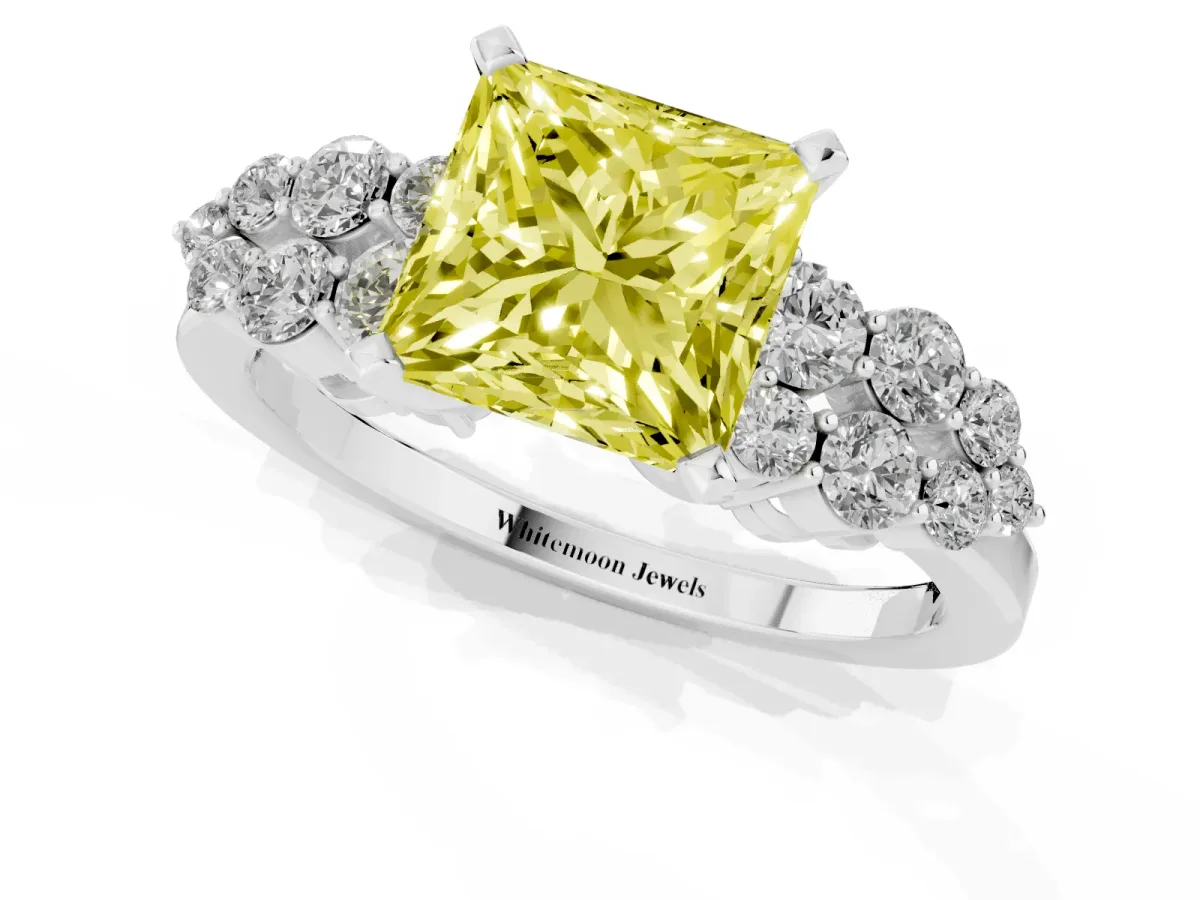 Fancy Yellow Princess Cut Cluster Diamond Engagement Ring with Pavé Band and Four-Prong Setting Platinum