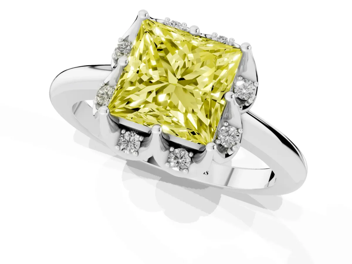 Fancy Yellow Princess Cut Halo Diamond Ring with Round Cluster Setting, Solitaire Band, and Four-Prong Setting Silver